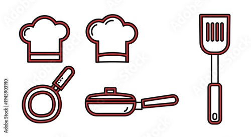 Red outlined vector graphic illustration of chef hat and cooking utensils on white background