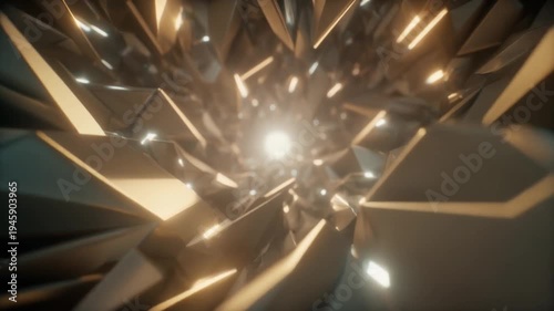 Abstract metallic tunnel movement with glowing lights Futuristic energy motion endless dark geometric vortex flow