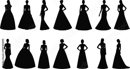 PrintFashion silhouettes of fourteen women in formal gowns, showcasing diverse dress styles and elegant poses, perfect for design, illustration, and creative fashion projects.