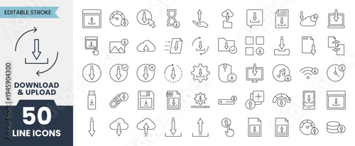 Download and upload line icons set with editable stroke. Containing uploaded, transfer, file, document, data, link and more. Vector illustration