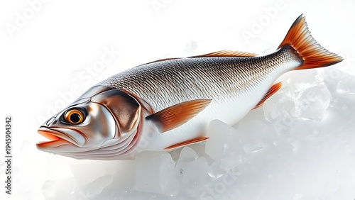 seabass. Fresh whole sea bass on ice, emphasizing freshness and quality in seafood. menu design, packaging mockups, designed for food delivery and cloud-kitchen brand materials.
