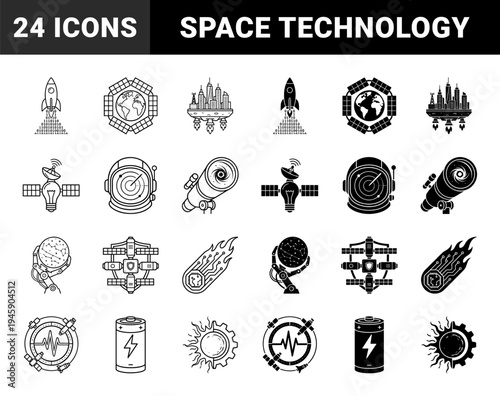 Hybrid space technology and celestial exploration symbols featuring rocket data streams satellite lightbulbs and planetary robotic arm concepts