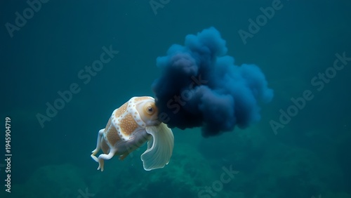 cuttlefish. Cuttlefish releasing ink in clear seawater, dark cloud spreading underwater. wildlife magazines, conservation campaigns, designed for eco-tourism storytelling, used by researchers.