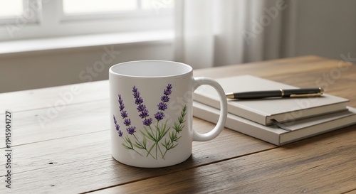 Lavender Mug Still Life: White Mug with Lavender Design on Wooden Table