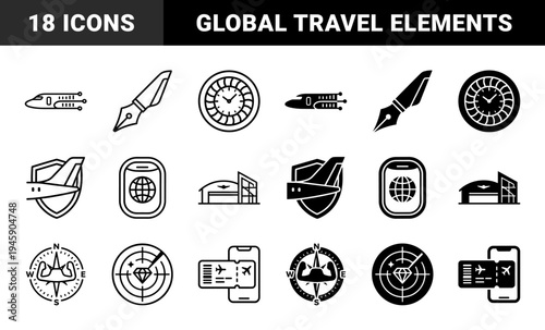 Aviation and luxury travel hybrid symbols featuring airplane tail shields globe windows and radar diamond tracking in line and solid styles