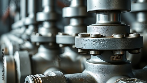 rolloffs. Metal nodules on industrial pipe valves reflecting light, metallic texture detail. safety posters, maintenance manuals, designed for industrial assembly lines and welding operations.