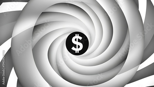 virtuosity. A distorted spiral pattern featuring a currency symbol at its center in monochromatic graphic design style. pitch deck slides.