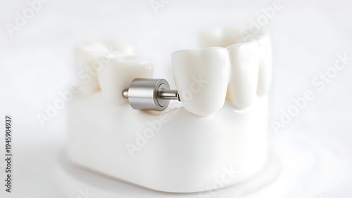 biocompatible. Close-up of a dental model showing a titanium and ceramic connection. STEM education sheets, lab safety posters, designed for STEM education and laboratory safety posters.