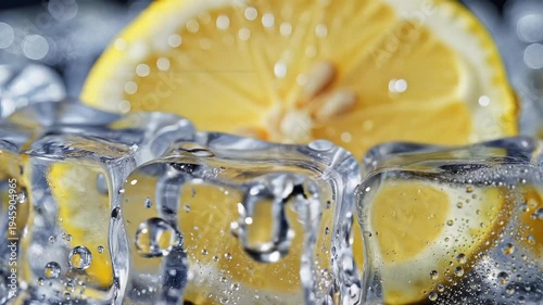 Fresh lemon with water pouring on ice cubes refreshing drink concept