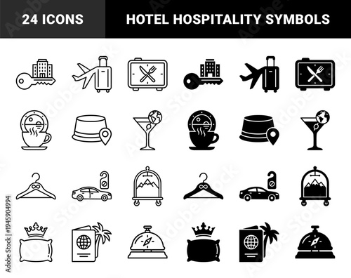 Hybrid hospitality travel icons merging hotel service elements with destination symbols in dual outline and solid minimalist styles