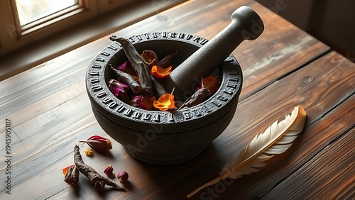 mandrake. Stone mortar with mandrake roots and petals on a wooden table. event programs, museum guides, designed for cultural heritage projects and event programs, elevates cultural identity.