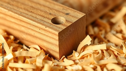 tenon. Macro shot of a traditional woodworking joint, a mortise and tenon nestled in wood shavings. event key visuals, club posters, designed for sports event promotions and stadium branding.