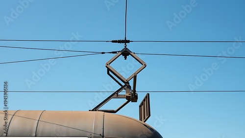 pantograph. Side view of a vintage train's diamond-shaped pantograph against a blue sky. mobility guides, transit brochures, designed for transport & logistics marketing, used by architects.