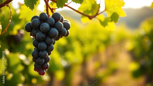 generality. A single cluster of Cabernet Sauvignon grapes glistening with dew in a vineyard under soft sunlight. gardening catalogs, home-decor guides, designed for home decor and floral branding.