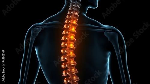 culpability. X-ray silhouette of a human spine with a subtle golden coil ascending within the vertebrae. STEM education sheets, lab safety posters, designed for biotech research communications.