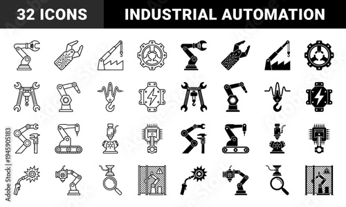 Industrial Robotics and Automation Manufacturing Symbols Featuring Mechanical Arms Integrated with Tools Circuitry and Measuring Calipers in Dual Style