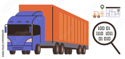 Supply chain management, logistics tracking, data monitoring, transportation services, freight management, digital navigation. Large truck with icons for route mapping, data analysis, and monitoring