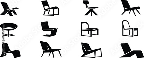 Modern chair silhouette collection, Contemporary furniture chair icon set, Designer seating furniture silhouettes