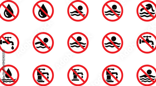 No swimming drinking water icons prohibited signs collection