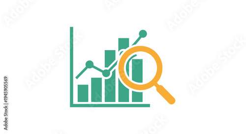 Magnifying glass on bar graph chart.