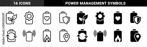 Hybrid Battery Energy Management Icons Combining Power Cells with Leaf Gear Heart Shield Sync Signal Fire and Location Symbols in Linear and Solid Style