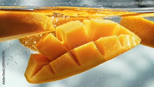 Fresh mango slices floating in water with bubbles close up