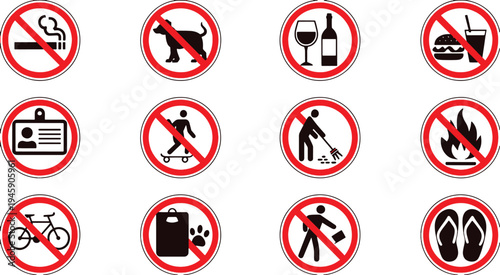 No smoking dogs alcohol food skateboarding littering fire bicycles pets running briefcases flip flops signs