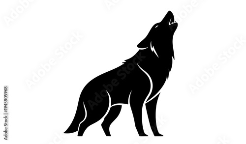 Black wolf silhouette howling isolated on white background