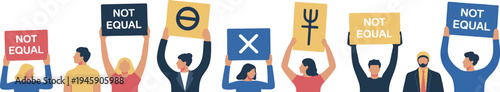 Flat design people holding protest signs with various symbols and messages