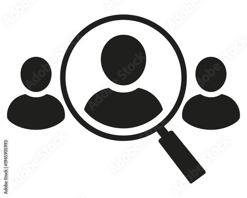 Employee Search Icon, Find Worker Symbol, Magnifying Glass Looking for People, Recruitment and HR Vector Icons, Job Search and Staff Finder Illustrations