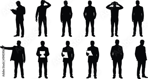 Business people silhouette collection set, standing male office worker poses with documents, thinking and pointing gestures, corporate professional character silhouettes isolated for design, 