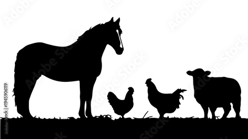 silhueta de cavalo galinha e ovelha isolados sobre fundo branco conceito de animais de fazenda