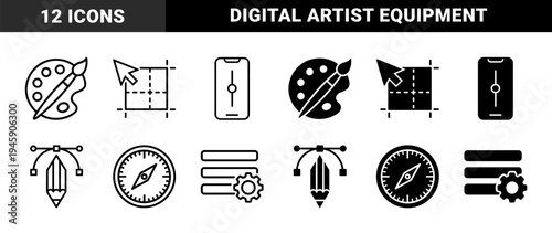 Hybrid design tool symbols merging traditional art equipment with digital interface elements featuring brush palettes and vector anchor point pencil paths