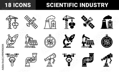 Black and white hybrid science and industrial icons featuring crane with molecular structure satellite with test tube and telescope with robotic arm