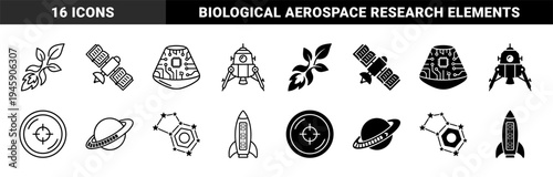 Hybrid space exploration and biological science symbols featuring organic rocket leaves satellite modules and celestial planetary navigation elements