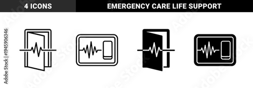 Hybrid medical emergency and power supply line art icons featuring heart rate pulse waves integrated with open doors and battery charging symbols