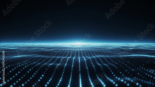 Abstract digital grid waves flow motion futuristic technology background with blue glowing particles and light horizon