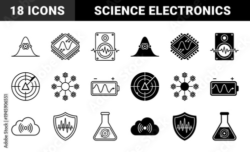 Hybrid scientific and electronic icons merging atomic structures with hardware including circuit boards battery energy levels and radar signals
