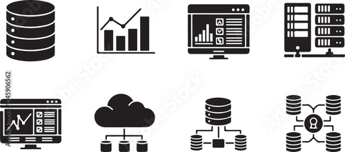  Big data analytics icon pack. Solid vector symbols for database systems, statistics analysis, server infrastructure, network technology and data monitoring..eps