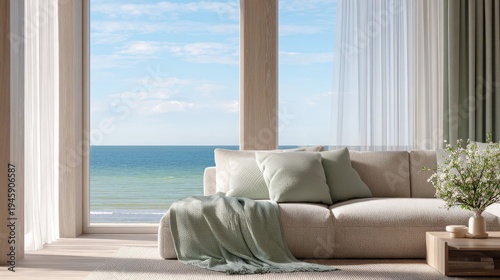 Bright coastal living room with ocean view window and cozy beige sofa