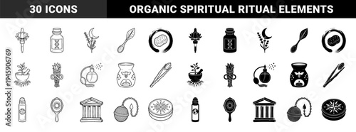 Hybrid Wellness and Alchemy Symbols Featuring DNA Infused Bottles Lotus Droppers and Herbal Mortar Root Systems in Line and Solid Styles