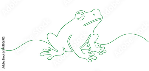 Vector illustration of a frog perched on the edge of a pond for frog day in line art style.
