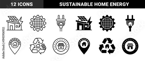 Sustainable energy hybrid symbols featuring solar panels integrated with residential houses power plugs recycling arrows and industrial gear elements