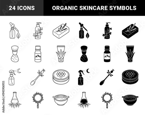Organic skincare and holistic wellness symbols featuring hybrid botanical designs with apothecary bottles essential oils and herbal remedy elements in dual outline and solid styles