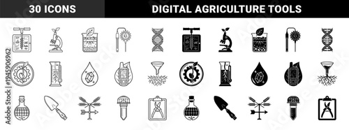 Hybrid Agrotech and Smart Farming Icons Featuring Soil Sensors Integrated with Tablets DNA Wheat Helix and Digital Lab Equipment for Precision Agriculture