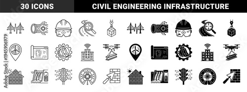 Construction and Infrastructure Engineering Icons Merging Building Equipment with Digital Data and Smart Technology Systems in Line and Solid Styles