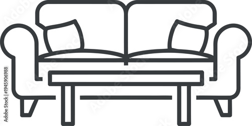 Simple black line art icon depicting a comfortable two-seater sofa with decorative cushions and a low coffee table centerpiece