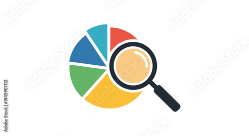Magnifying glass on pie chart sectors.