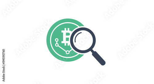 Magnifying glass over bitcoin symbol.