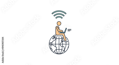 Man sitting on globe with laptop.